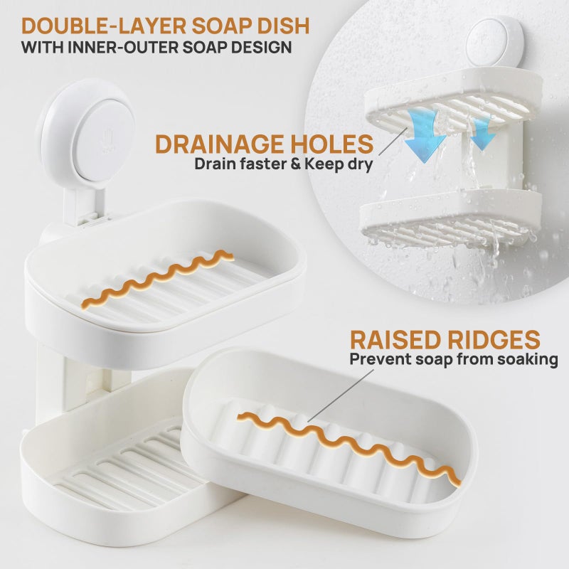LEVERLOC Soap Dish Holder for Shower Double Layer Suction Cup Wall Mounted NO-Drilling Self Draining Removable Waterproof Strong Suction Bar Soap Sponge Holder for Shower Bathroom Bathtub Kitchen - Image 4